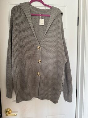 Free People Hooded Button-Front Knit Cardigan in Gray